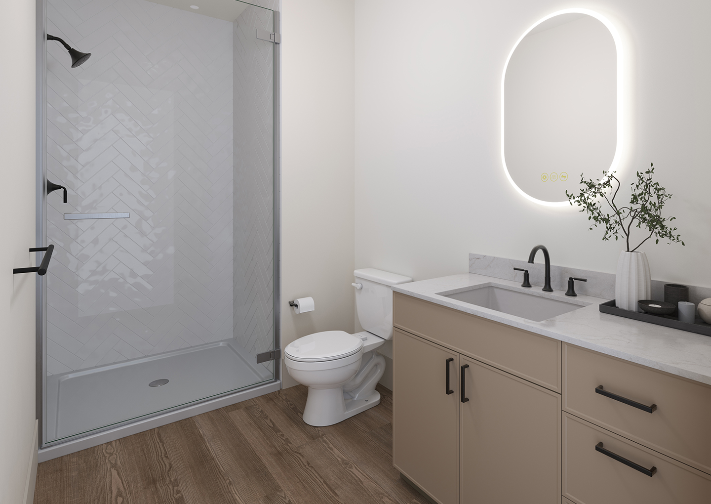 apartment bathroom with modern countertops